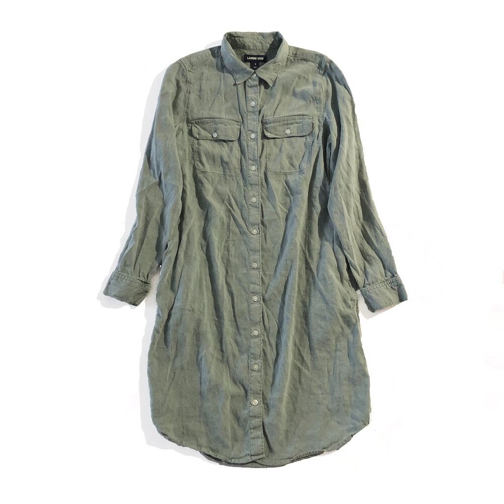 NWOT Lands' End Womens Sz 6 Green Button Up Chest Side Pockets Linen Shirt Dress